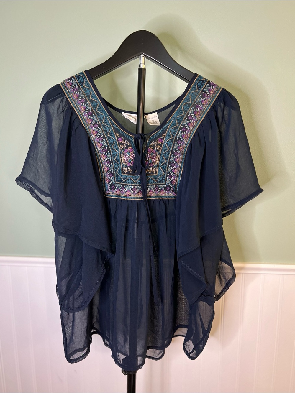 Passport Navy Sheer Boho Embroidered Flutter Sleeve Peasant Top. Size M